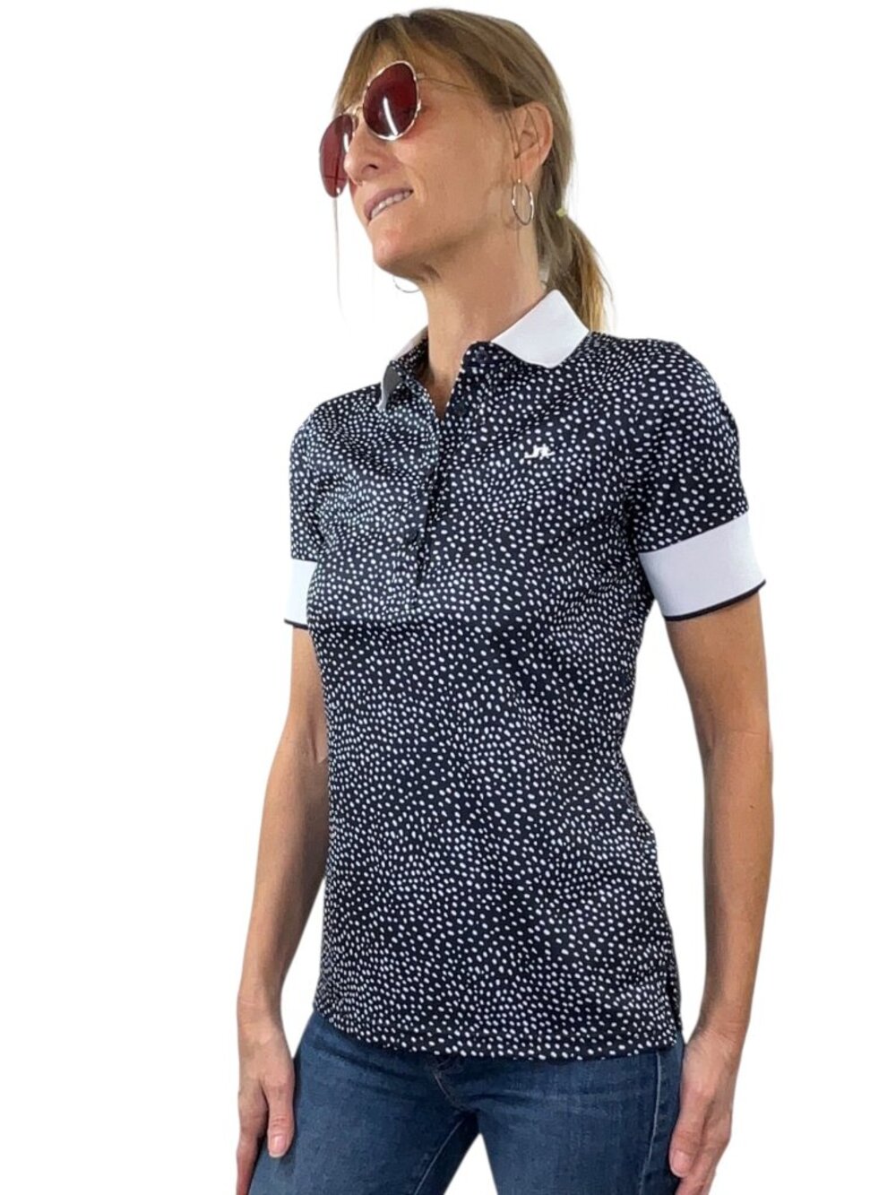 J. Lindeberg Lexie-TX Coolmax Polo Shirt S Blue Polka Dot Golf Tennis - Picture 4 of 16